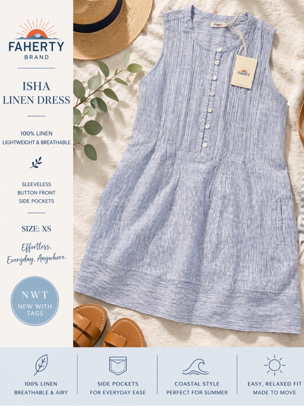 Faherty Isha Linen Dress XS Blue Stripe Sleeveless Button Front Pockets NWT